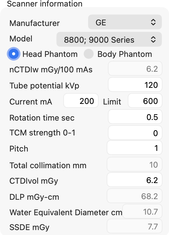 Scanner information panel with CTDIvol input