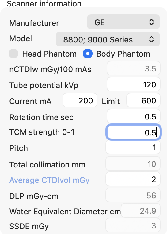 Scanner information panel with calculated CTDIvol