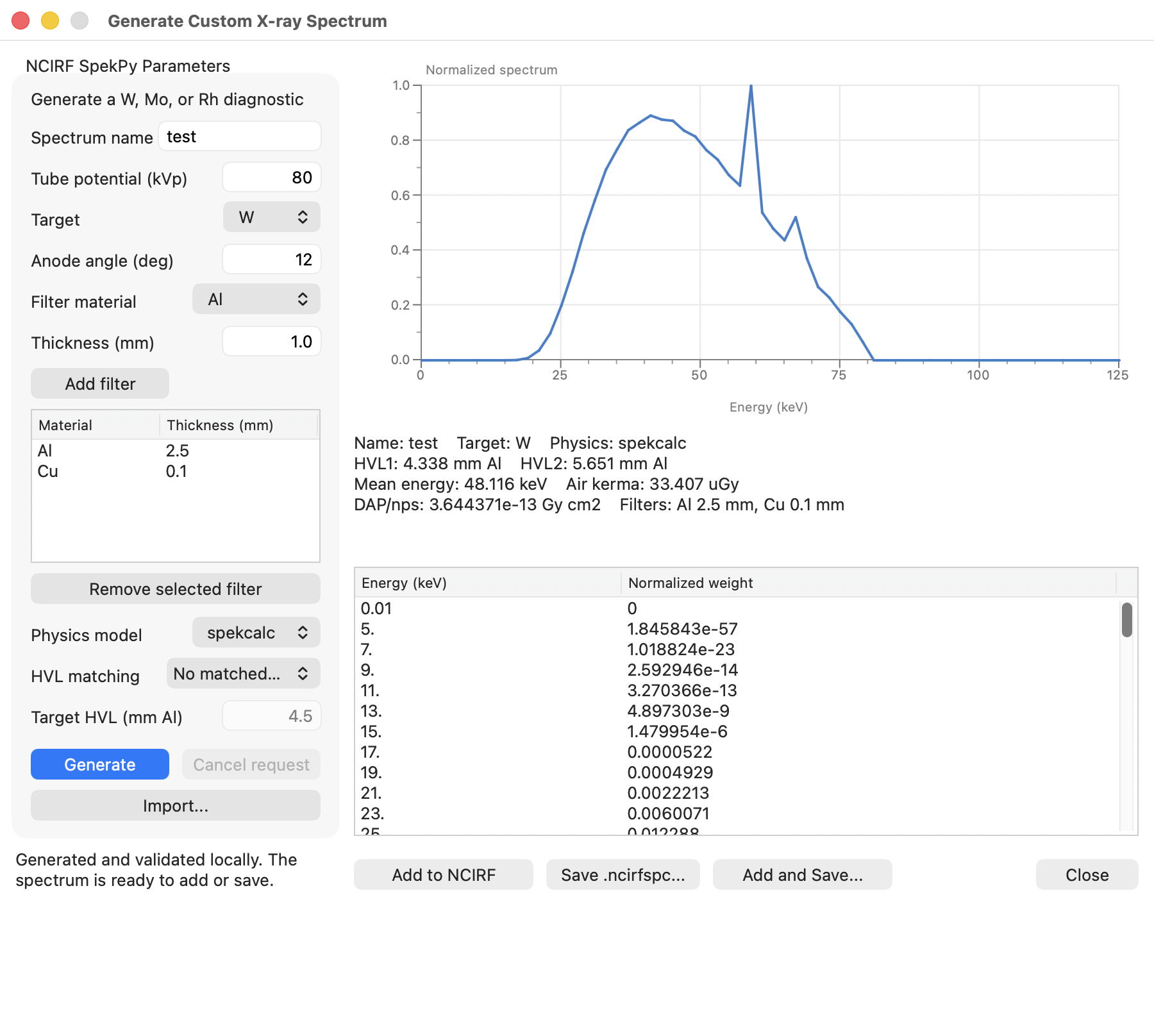 Custom spectrum generation window with SpekPy parameters and normalized spectrum preview