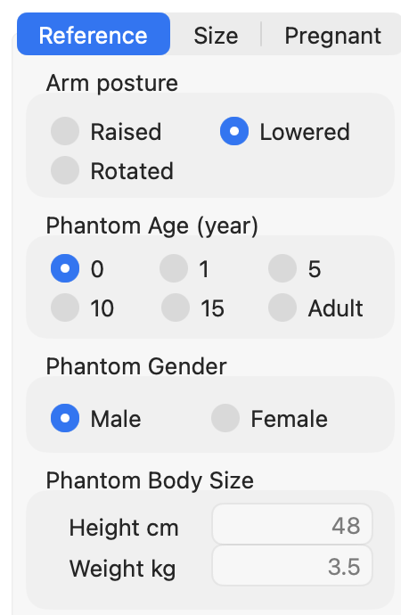 Reference phantom selection panel
